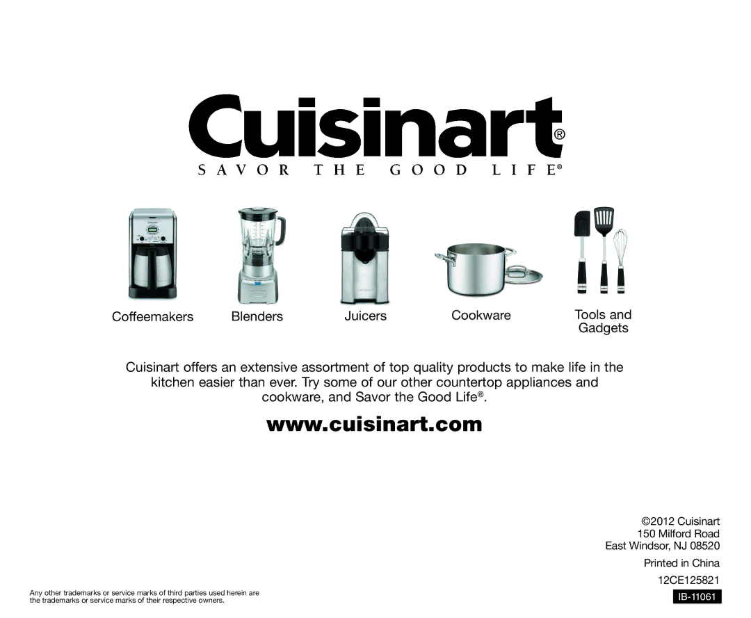 Cuisinart CPT-415 manual Cuisinart Milford Road East Windsor, NJ 12CE125821 