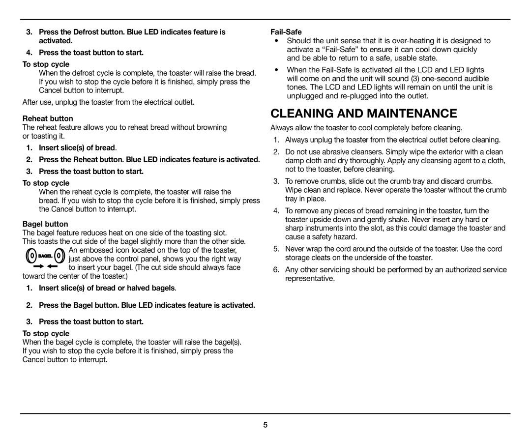 Cuisinart CPT-420 manual Cleaning and Maintenance, Insert slices of bread, Press the toast button to start To stop cycle 