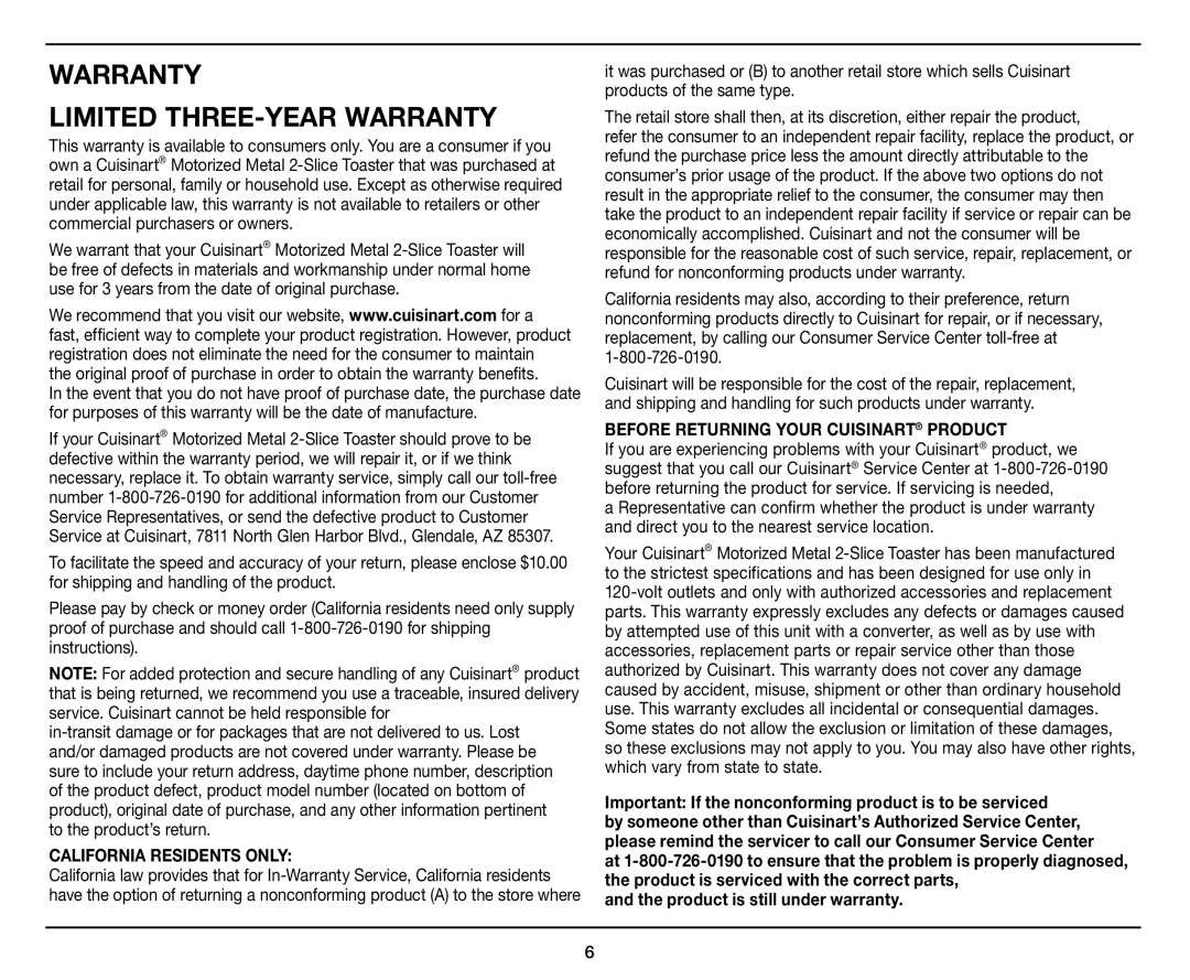 Cuisinart CPT-420 manual Warranty Limited THREE-YEAR Warranty, Important If the nonconforming product is to be serviced 