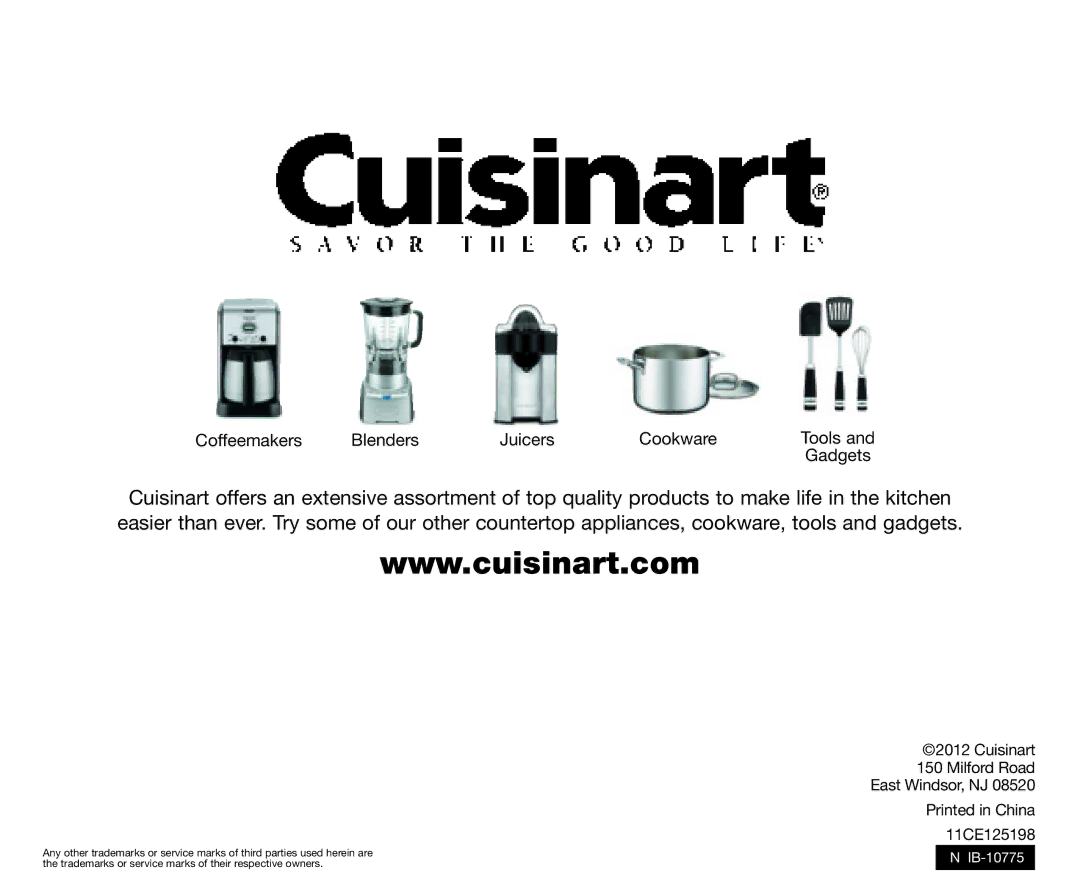 Cuisinart CPT-420 manual Cuisinart Milford Road East Windsor, NJ 11CE125198, IB-10775 