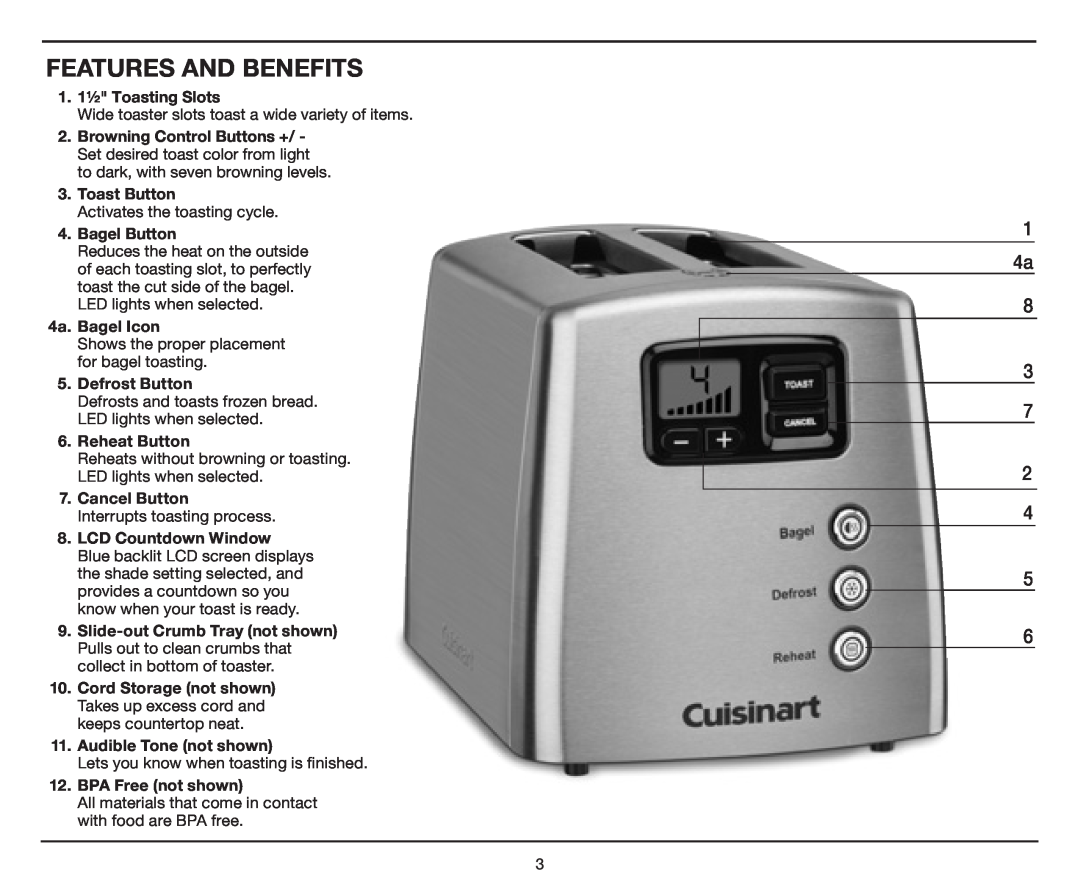 Cuisinart CPT-420 manual Features And Benefits, 1 4a 8 3 7 2 