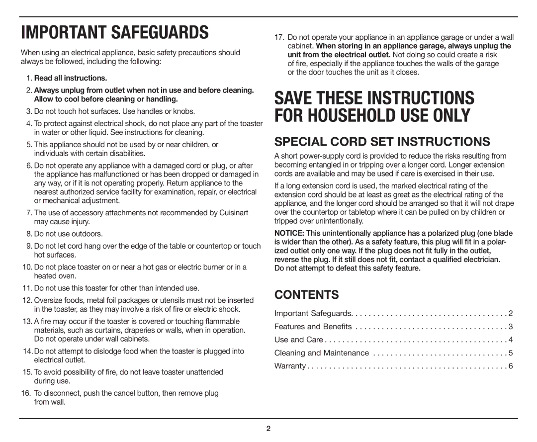 Cuisinart CPT-435 manual Special Cord SET Instructions, Contents 