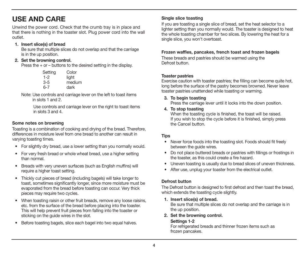 Cuisinart CPT-435 manual USE and Care, Set the browning control 