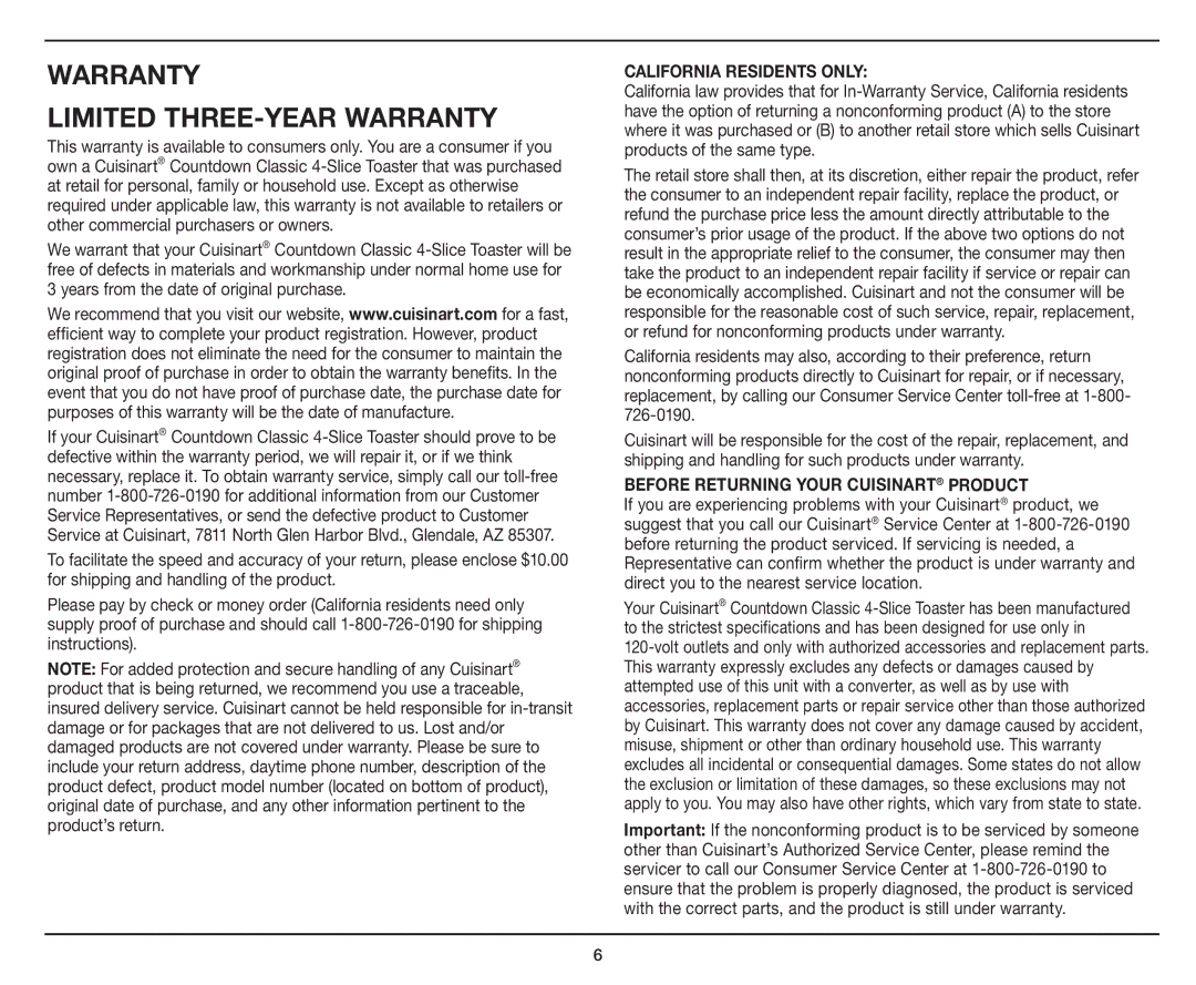 Cuisinart CPT-435 manual Warranty Limited THREE-YEAR Warranty, California Residents only 