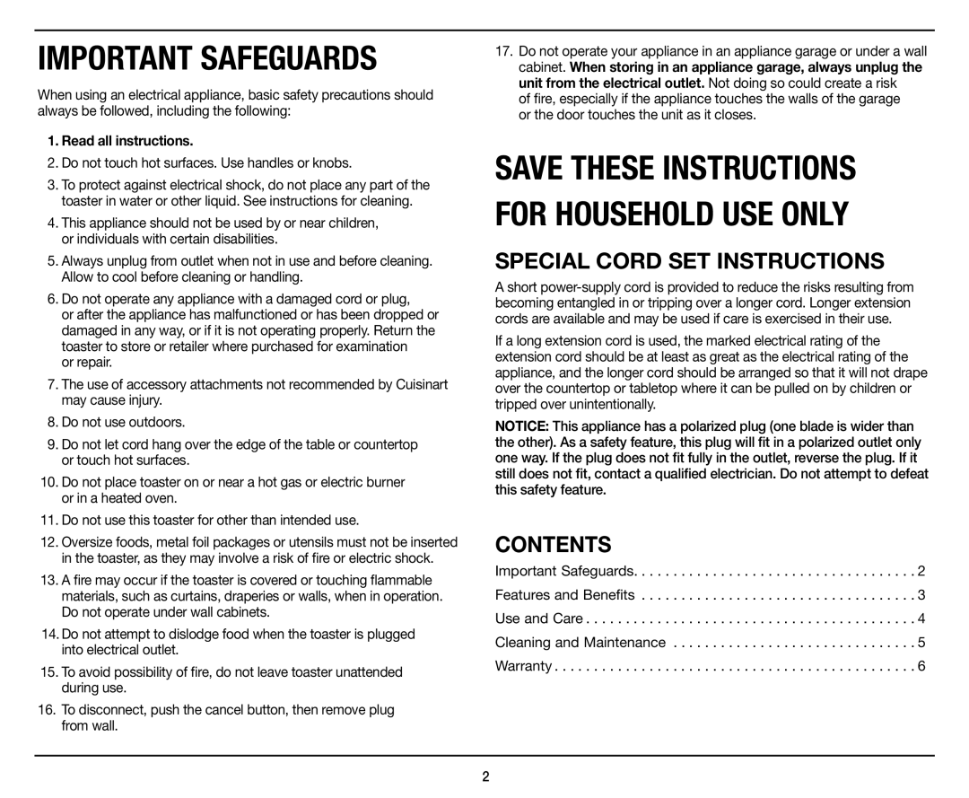 Cuisinart CPT-440 manual Special Cord SET Instructions, Contents, Read all instructions 