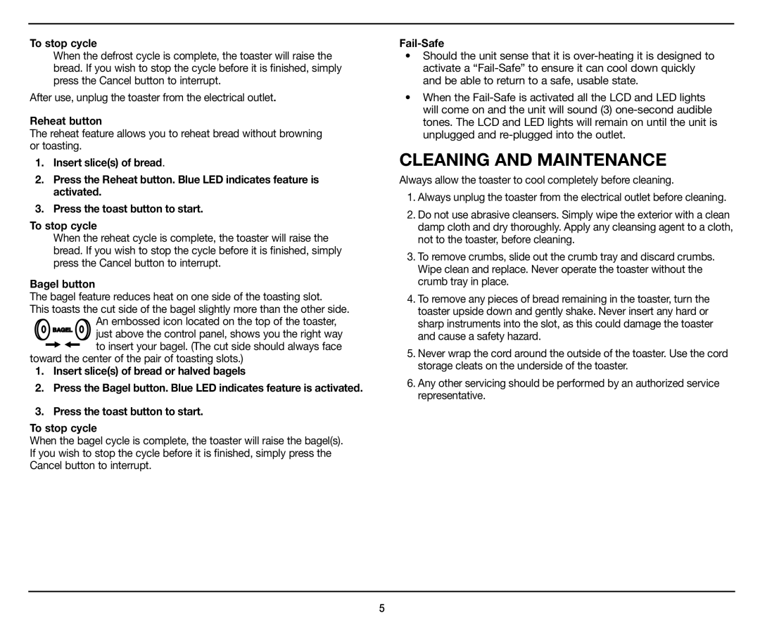 Cuisinart CPT-440 manual Cleaning and Maintenance, To stop cycle, Reheat button, Bagel button, Fail-Safe 