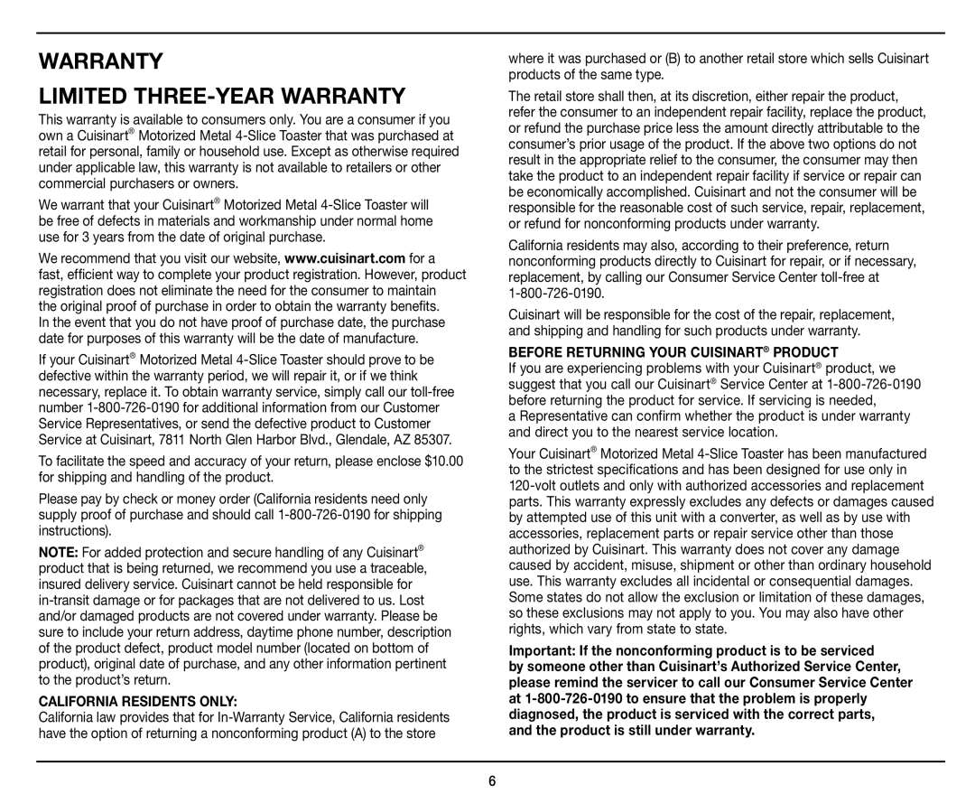 Cuisinart CPT-440 manual Warranty Limited THREE-YEAR Warranty, California Residents only 