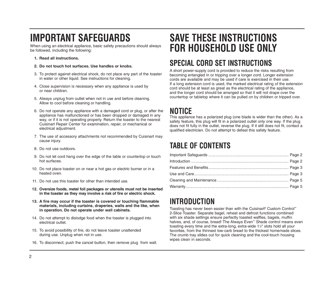 Cuisinart CPT-60M Series manual Table of Contents, Introduction 