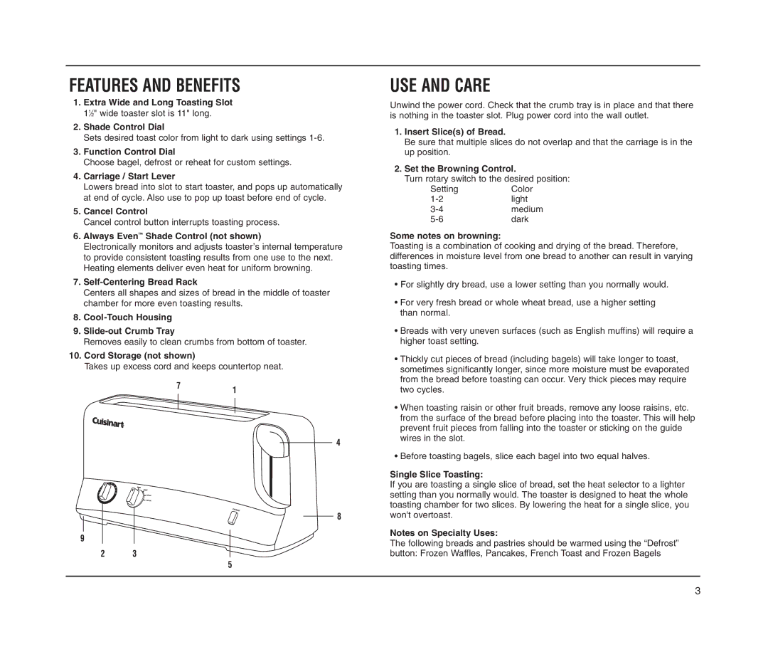 Cuisinart CPT-60M Series manual Features and Benefits, USE and Care 