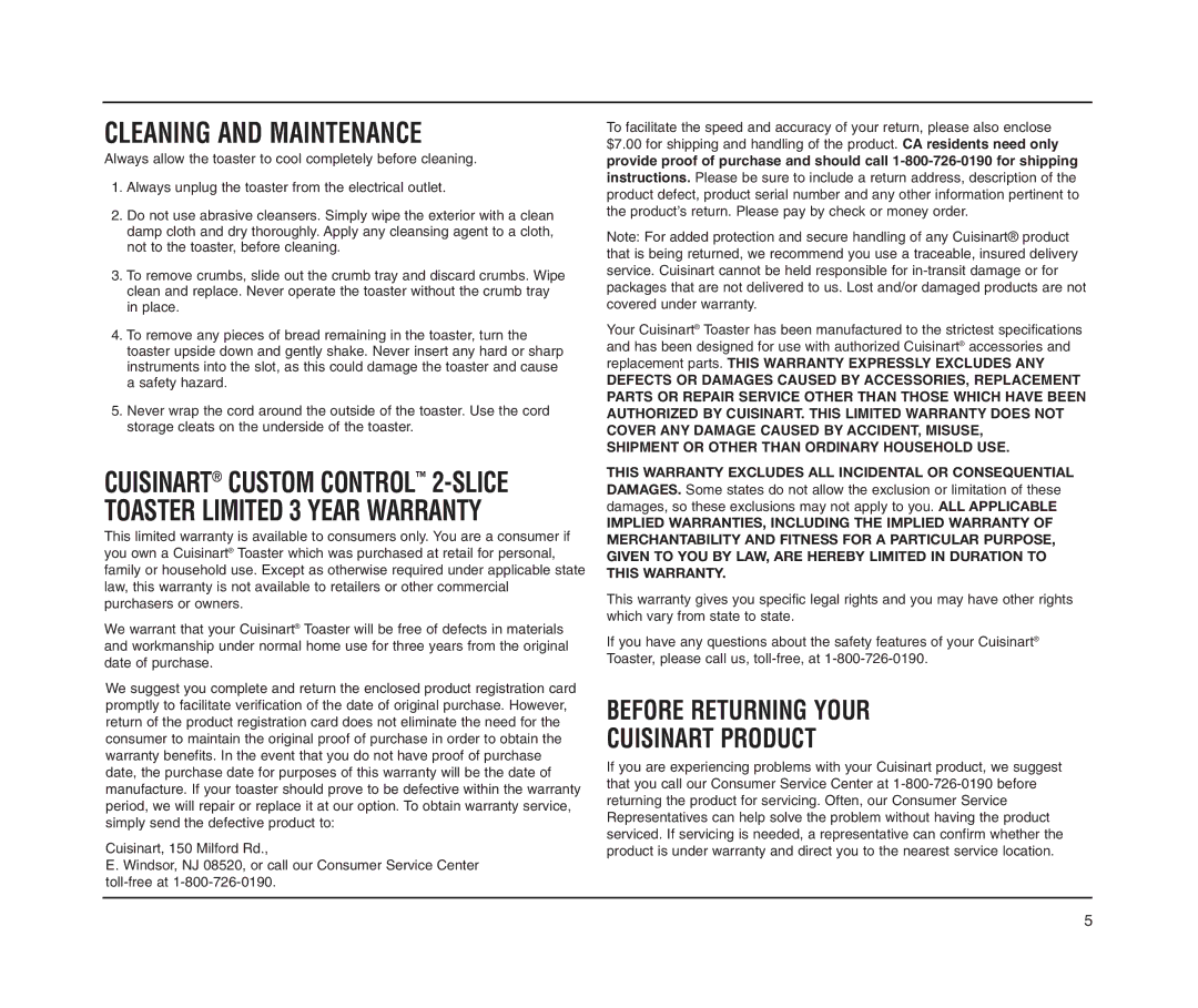 Cuisinart CPT-60M Series manual Cleaning and Maintenance, Before Returning Your Cuisinart Product 