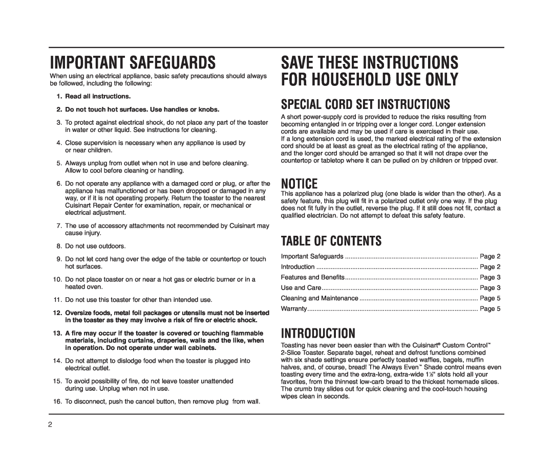 Cuisinart CPT-60M Series Save These Instructions For Household Use Only, Special Cord Set Instructions, Table Of Contents 