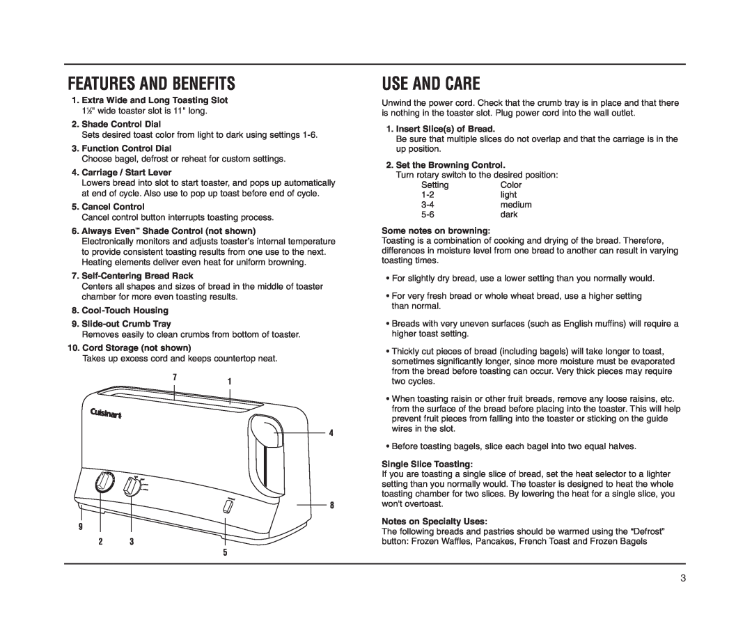 Cuisinart CPT-60M Series manual Features And Benefits, Use And Care 