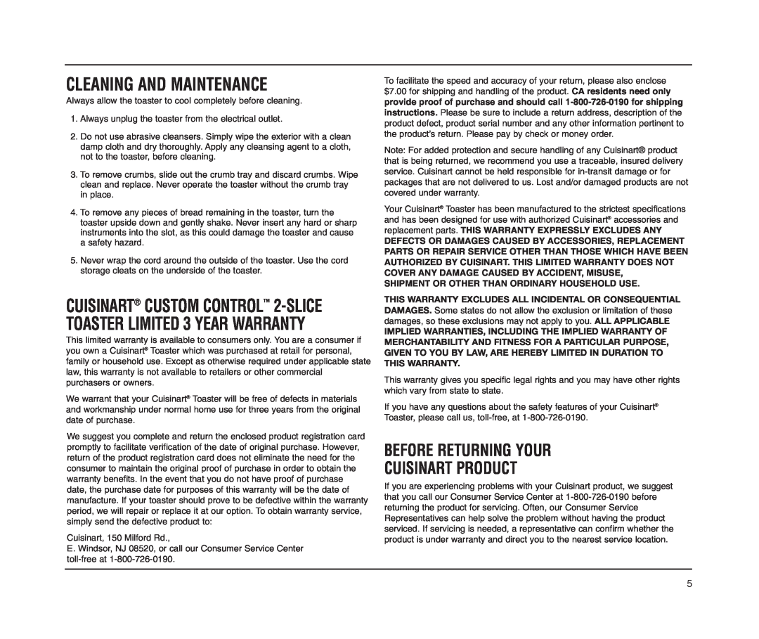 Cuisinart CPT-60M Series manual Cleaning And Maintenance, Before Returning Your Cuisinart Product 