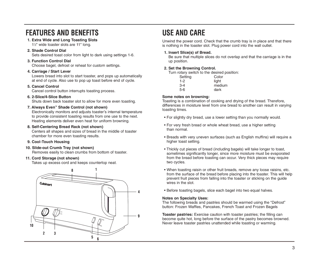 Cuisinart CPT-65M manual Features and Benefits, USE and Care 