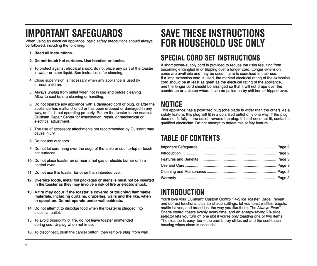 Cuisinart CPT-65M Save These Instructions For Household Use Only, Special Cord Set Instructions, Table Of Contents, Notice 
