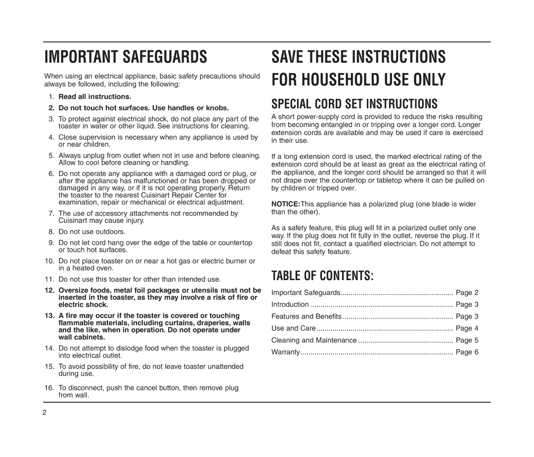 Cuisinart CPT-70 manual Special Cord SET Instructions, Table of Contents 