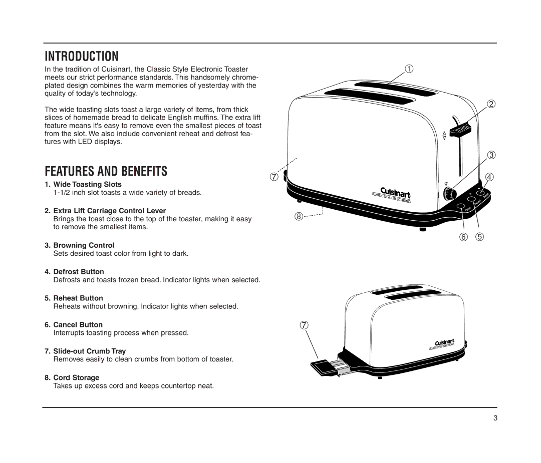 Cuisinart CPT-70 manual Introduction, Features and Benefits 