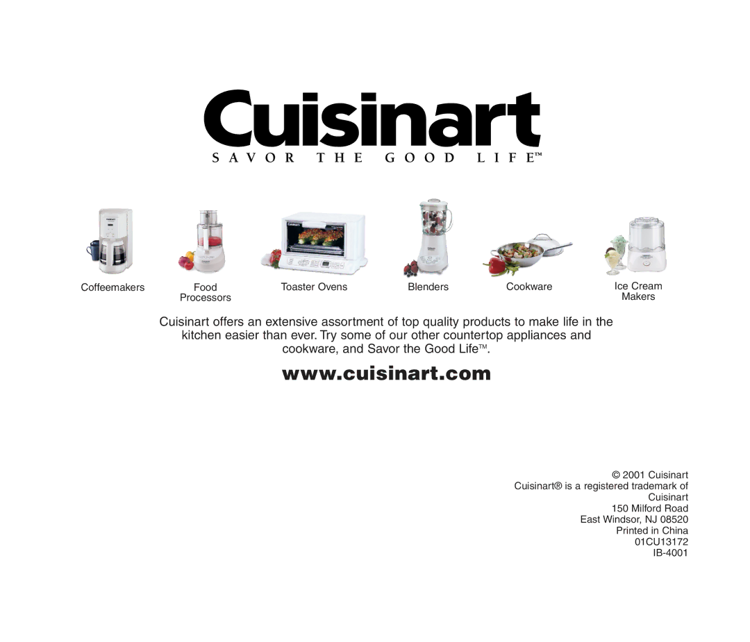 Cuisinart CPT-70 manual Coffeemakers Food Toaster Ovens Blenders Cookware Ice Cream 