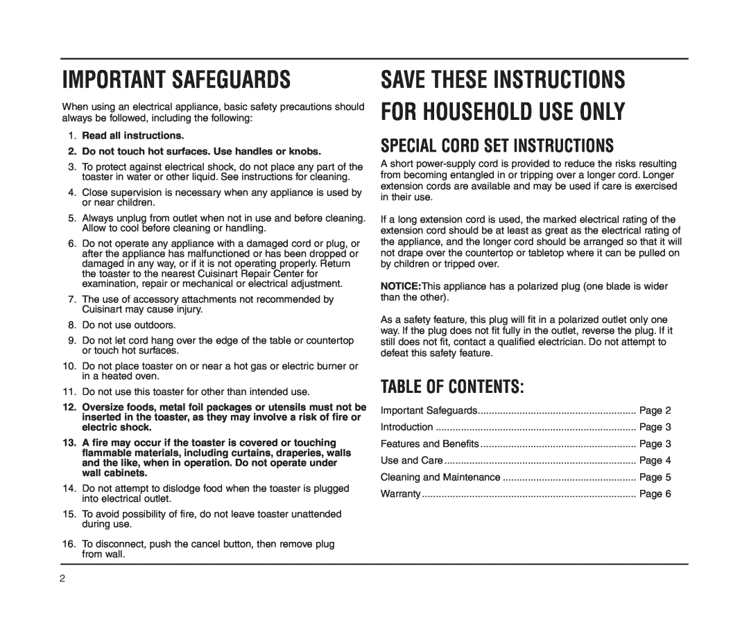 Cuisinart CPT-70 manual Special Cord Set Instructions, Table Of Contents, Important Safeguards 