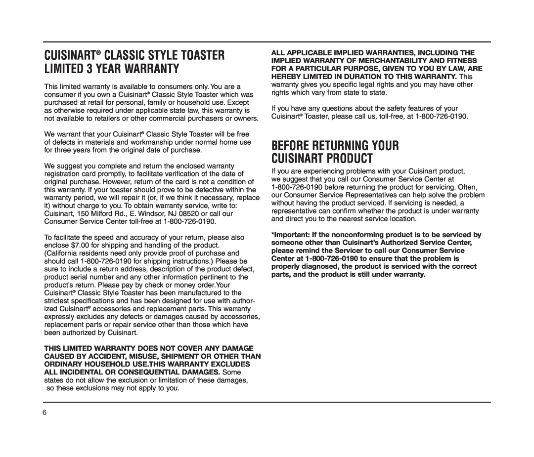 Cuisinart CPT-70 manual Before Returning Your Cuisinart Product 