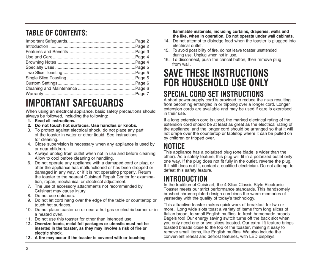 Cuisinart CPT-90 SERIES manual Table of Contents, Special Cord SET Instructions, Introduction 