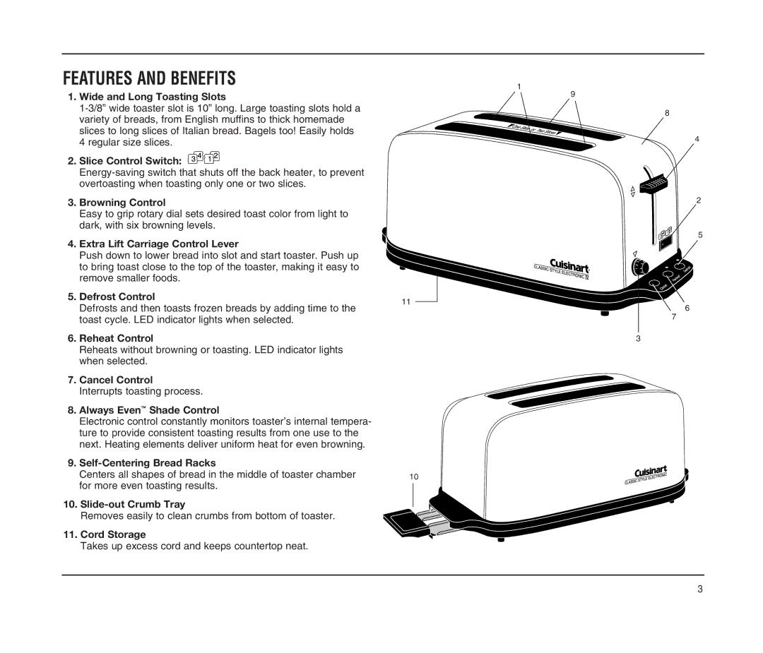 Cuisinart CPT-90 SERIES manual Features and Benefits 