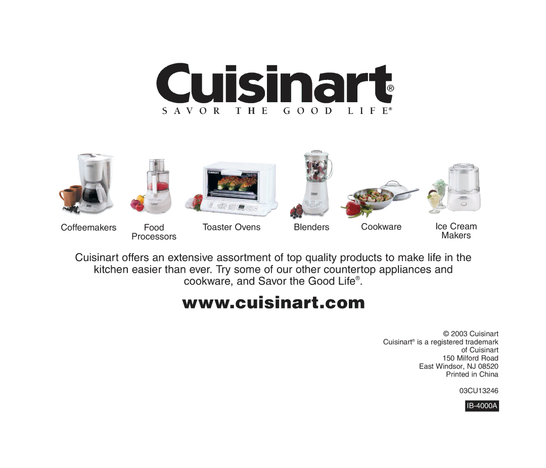 Cuisinart CPT-90 SERIES manual Coffeemakers Food Toaster Ovens Blenders Cookware Ice Cream 