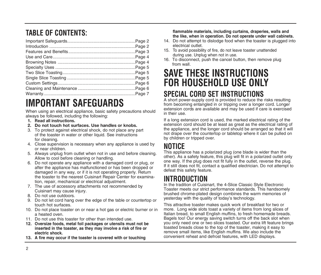 Cuisinart CPT-90 SERIES manual Table Of Contents, Special Cord Set Instructions, Introduction, Important Safeguards 