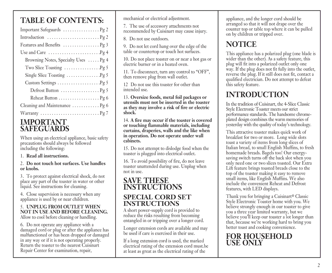 Cuisinart CPT-90C manual Table of Contents, Safeguards, Save These Instructions, Introduction, For Household USE only 