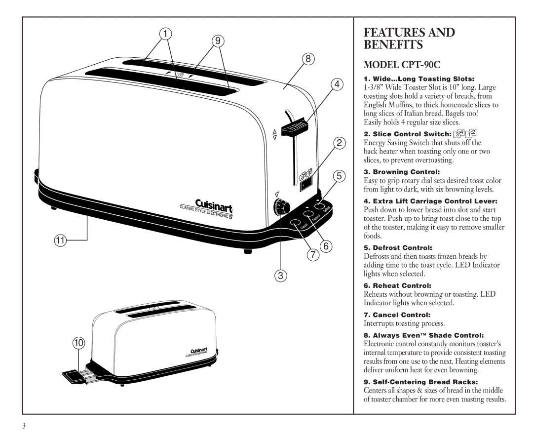 Cuisinart manual Features Benefits, Model CPT-90C 