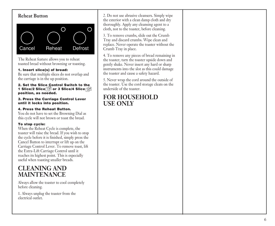 Cuisinart CPT-90C manual Cleaning Maintenance, Reheat Button 