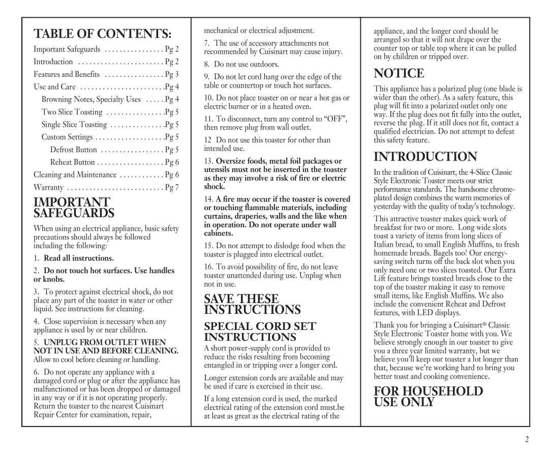 Cuisinart CPT-90C manual Table Of Contents, Safeguards, Save These Instructions, Introduction, For Household Use Only 