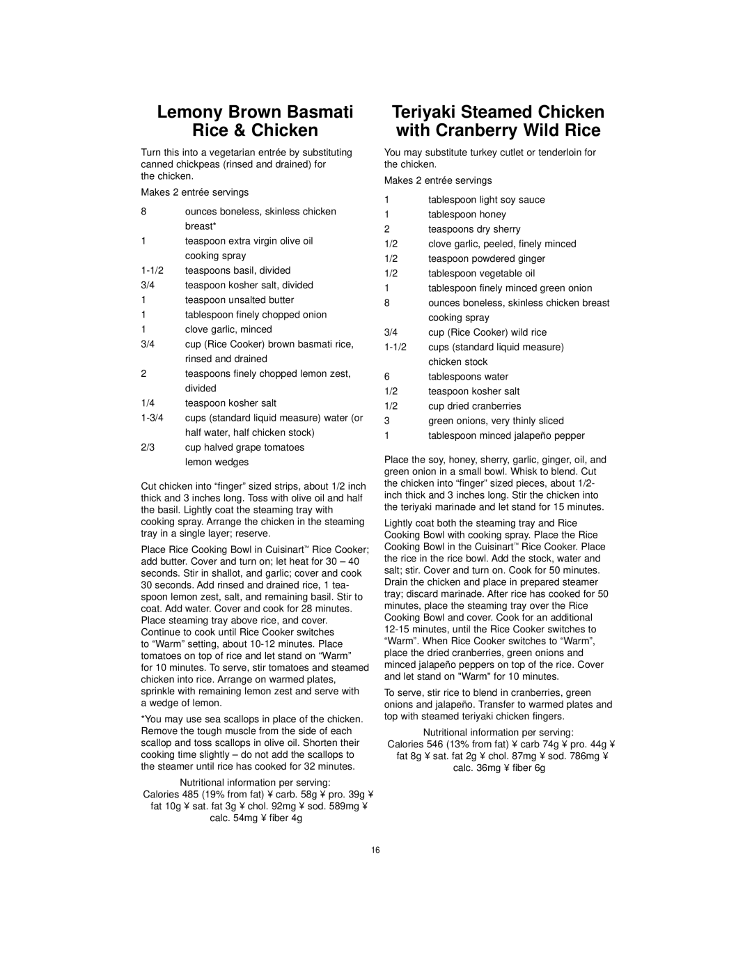 Cuisinart CRC-400 manual Lemony Brown Basmati Rice & Chicken, Teriyaki Steamed Chicken with Cranberry Wild Rice 