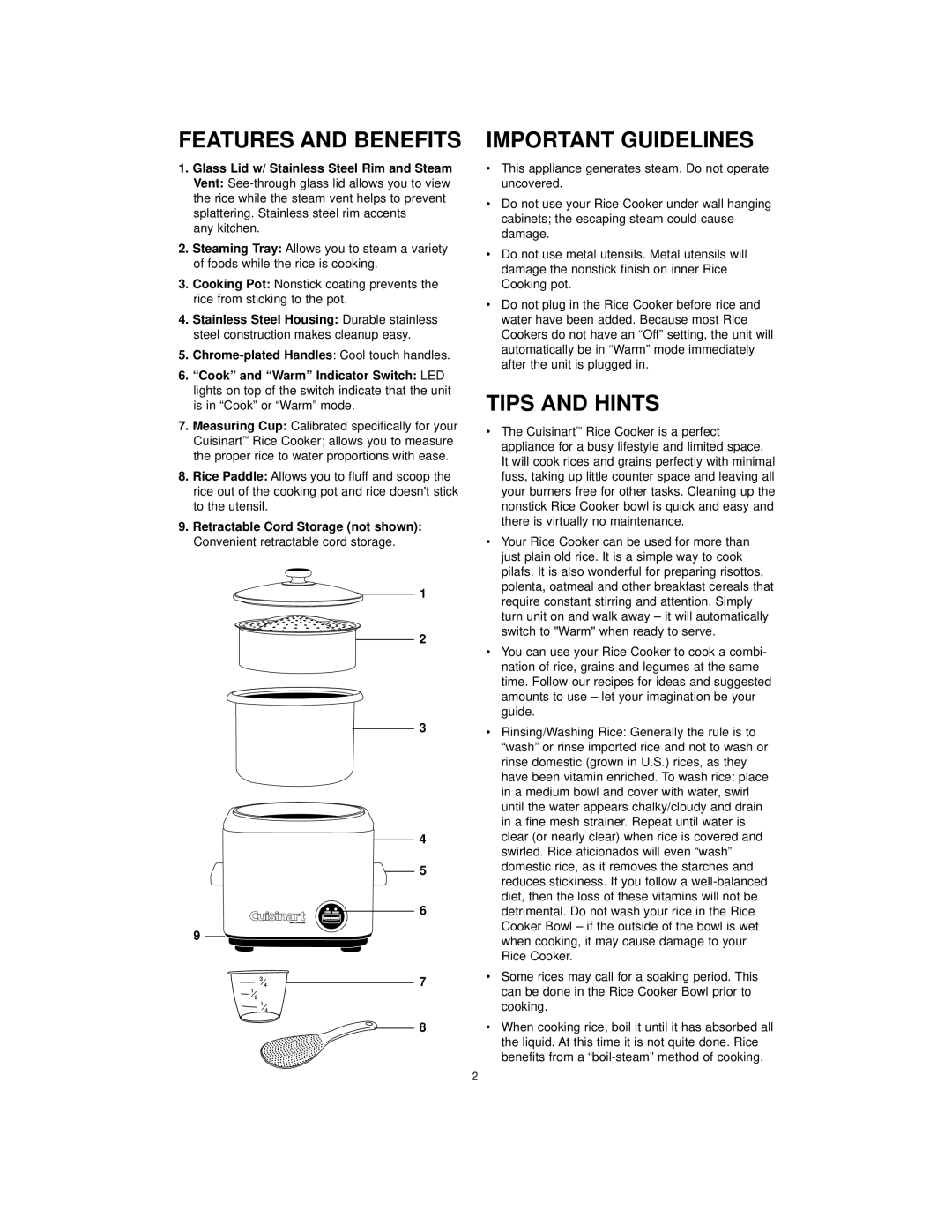 Cuisinart CRC-400 manual Features and Benefits, Important Guidelines, Tips and Hints 