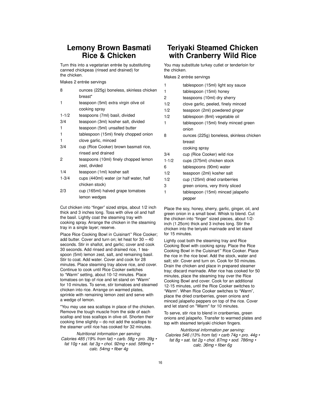 Cuisinart CRC-400C manual Lemony Brown Basmati Rice & Chicken, Teriyaki Steamed Chicken with Cranberry Wild Rice 