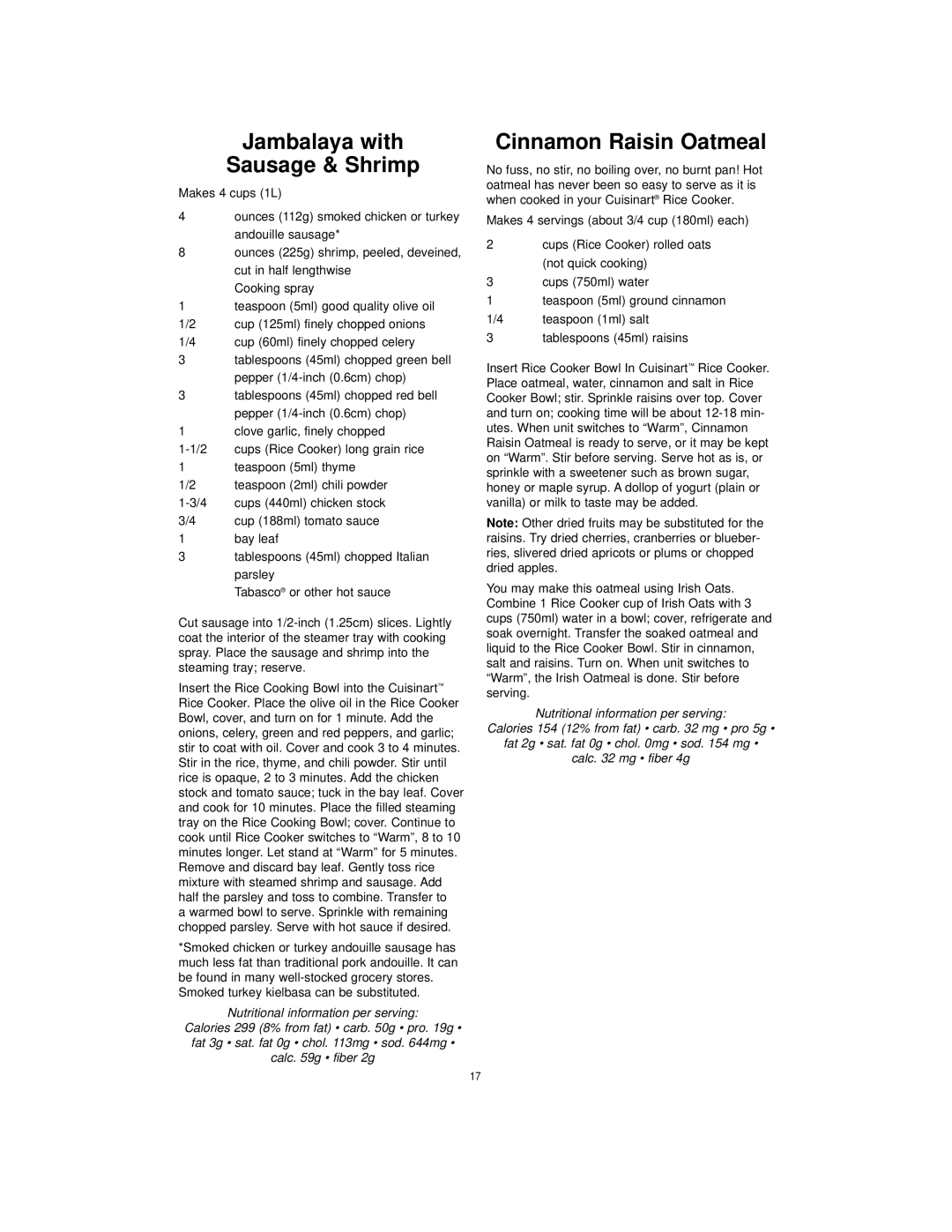 Cuisinart CRC-400C manual Jambalaya with Sausage & Shrimp, Cinnamon Raisin Oatmeal 