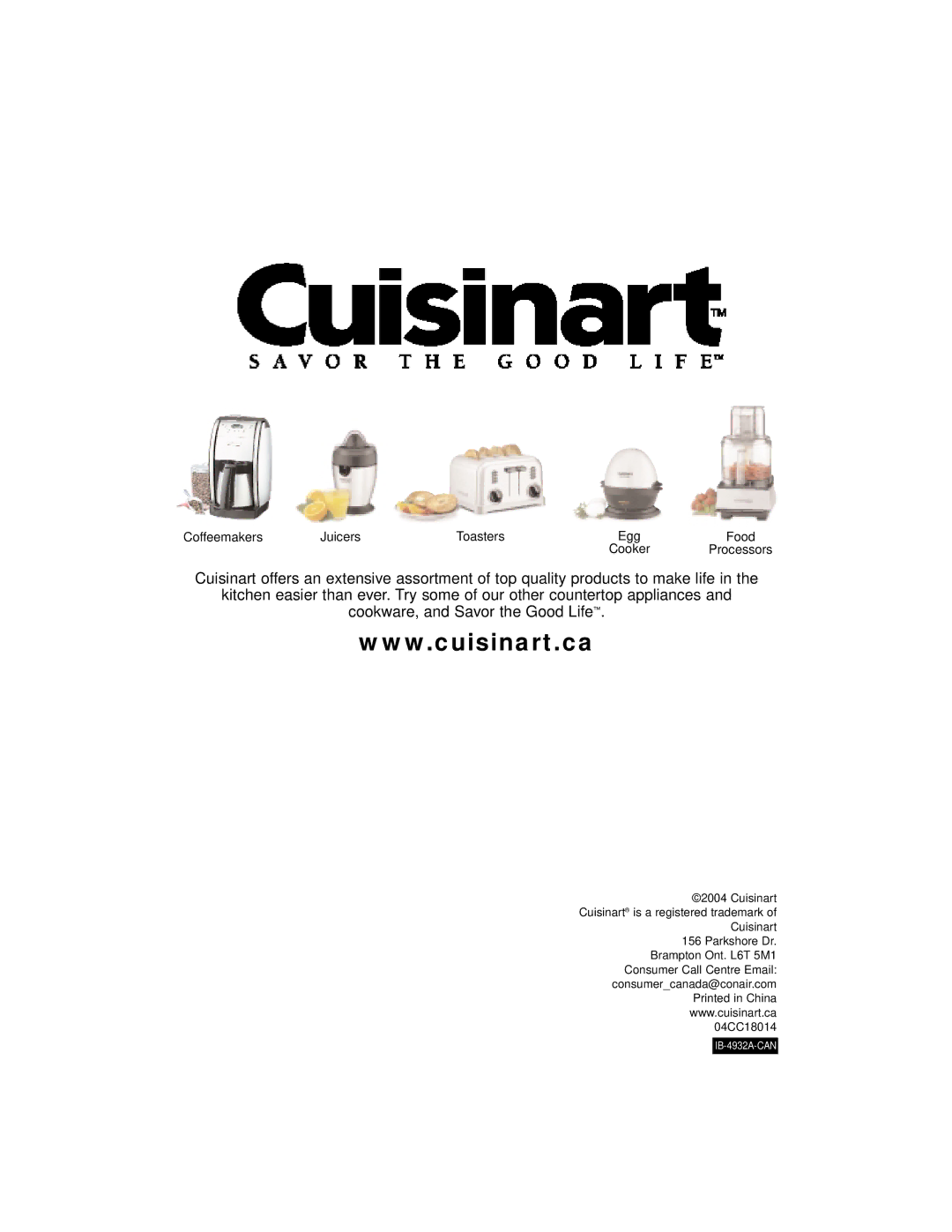 Cuisinart CRC-400C manual Coffeemakers Juicers Toasters Egg Food Cooker 