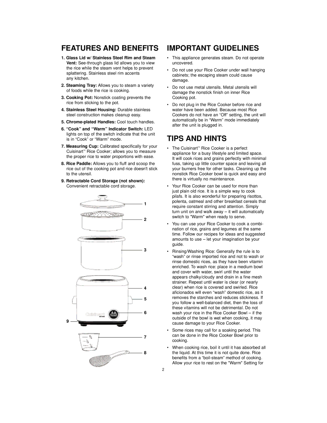 Cuisinart CRC-400C manual Features and Benefits, Important Guidelines, Tips and Hints 