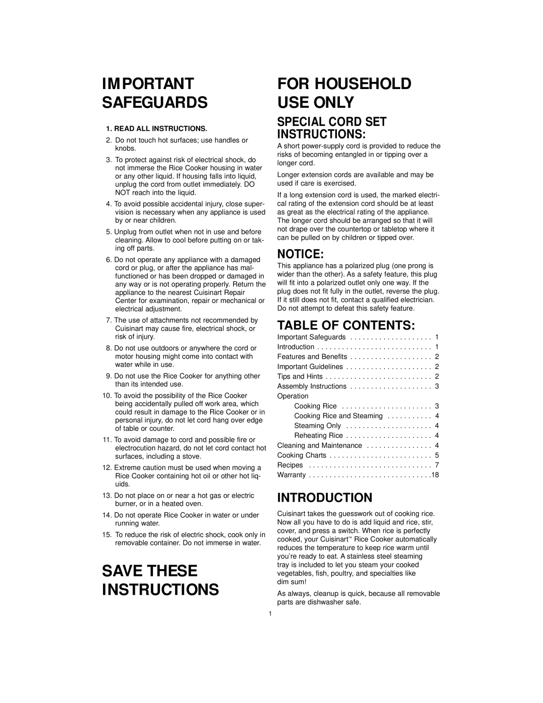 Cuisinart CRC-400C Safeguards, Save These Instructions, Special Cord Set Instructions, Table Of Contents, Introduction 