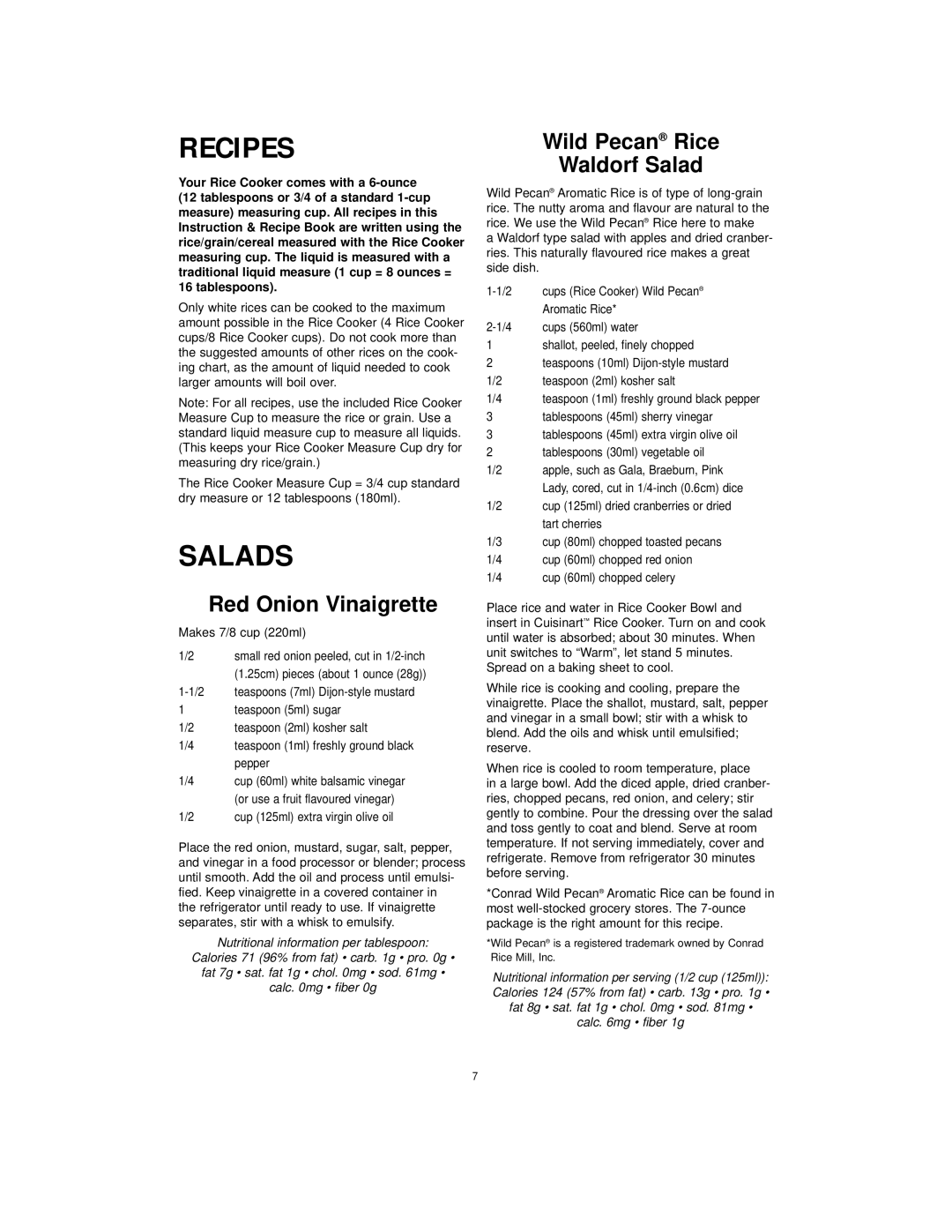 Cuisinart CRC-400C manual Recipes, Salads, Red Onion Vinaigrette, Wild Pecan Rice Waldorf Salad 