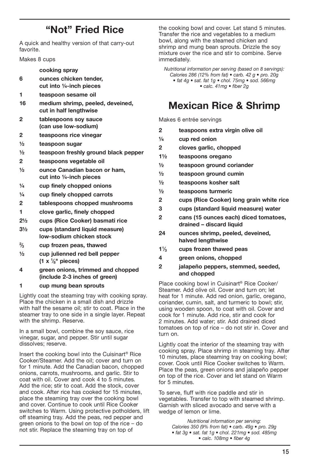 Cuisinart CRC-800 manual Not Fried Rice, Mexican Rice & Shrimp, Cup mung bean sprouts 