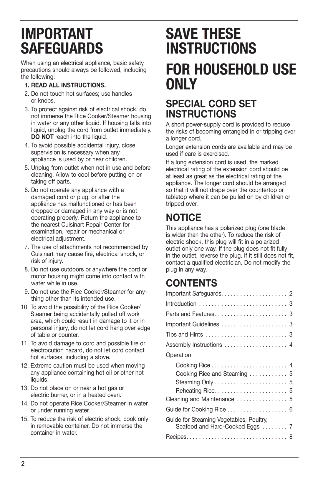 Cuisinart CRC-800 manual Special Cord SET Instructions, Contents 