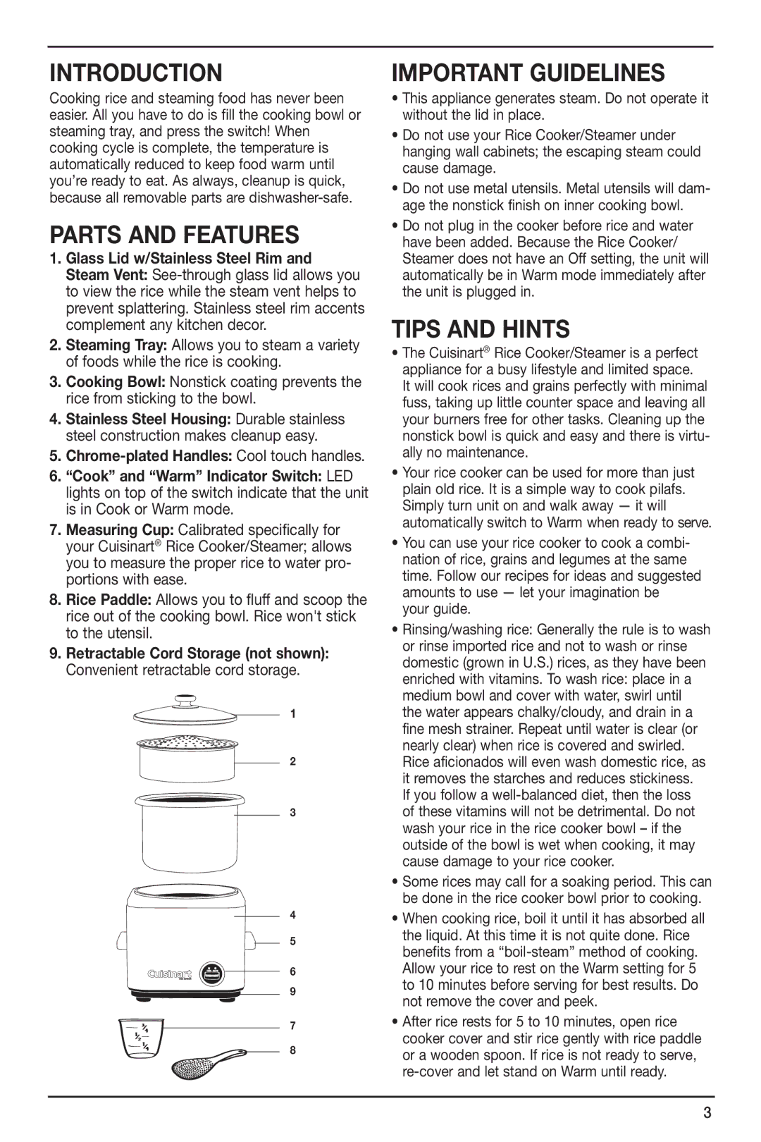 Cuisinart CRC-800 manual Introduction, Important Guidelines, Parts and Features, Tips and Hints 