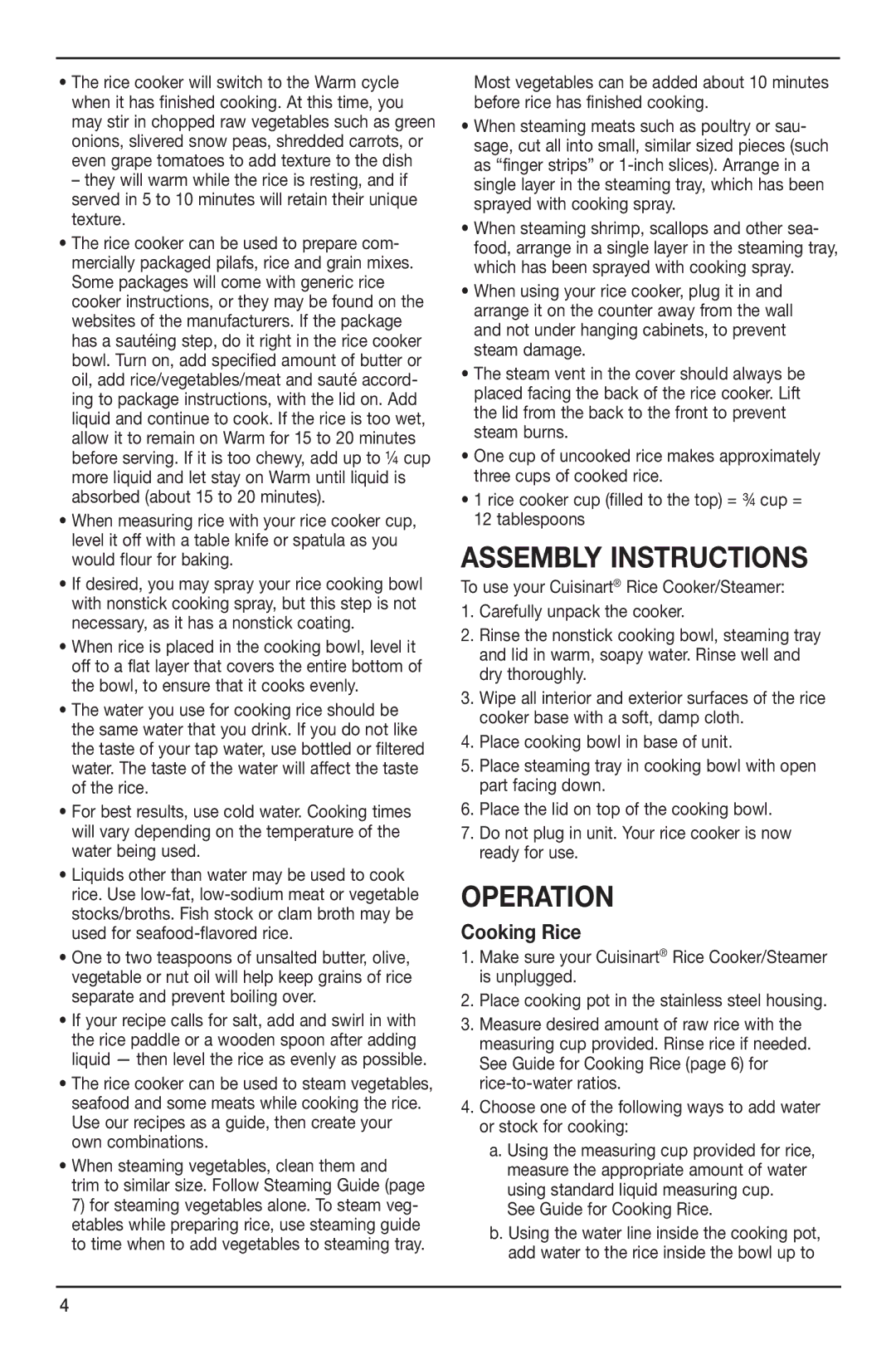 Cuisinart CRC-800 manual Assembly Instructions, Operation 