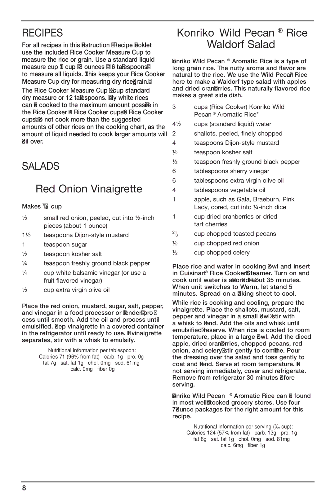 Cuisinart CRC-800 manual Recipes, Salads, Red Onion Vinaigrette, Konriko Wild Pecan Rice Waldorf Salad 