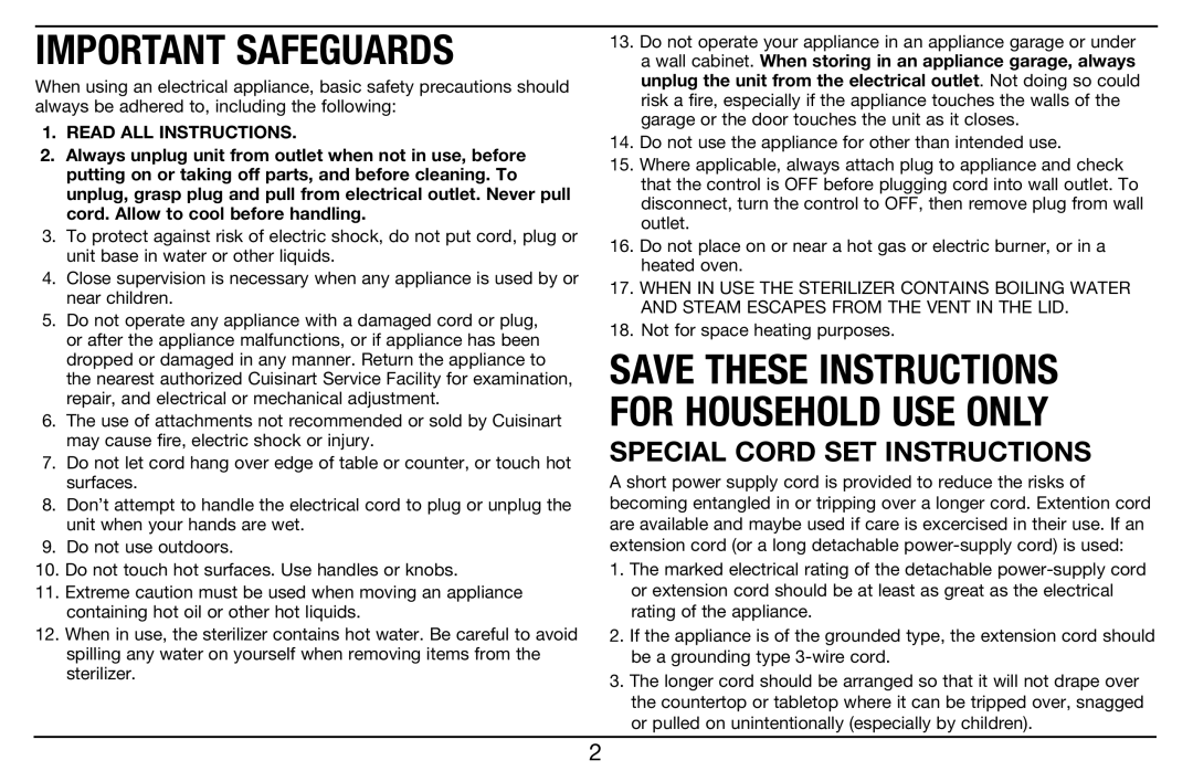 Cuisinart CS-6 manual Important Safeguards, Special Cord SET Instructions 