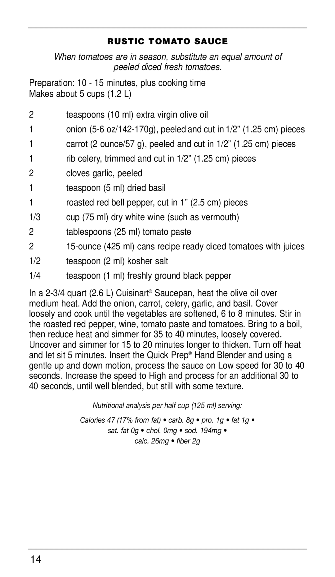 Cuisinart CSB-33 Series manual Rustic Tomato Sauce 