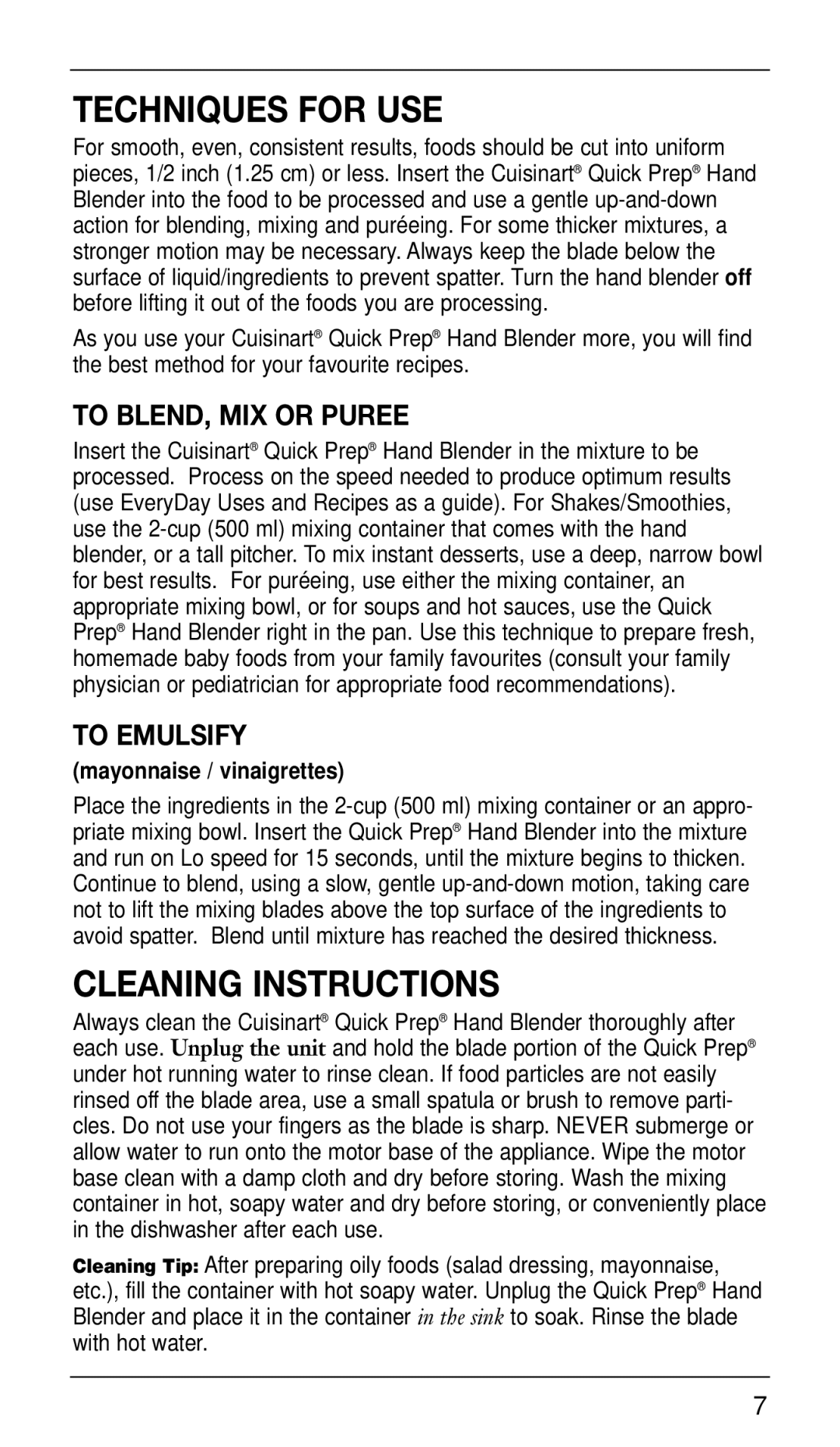 Cuisinart CSB-33 Series manual Techniques for USE, Cleaning Instructions 