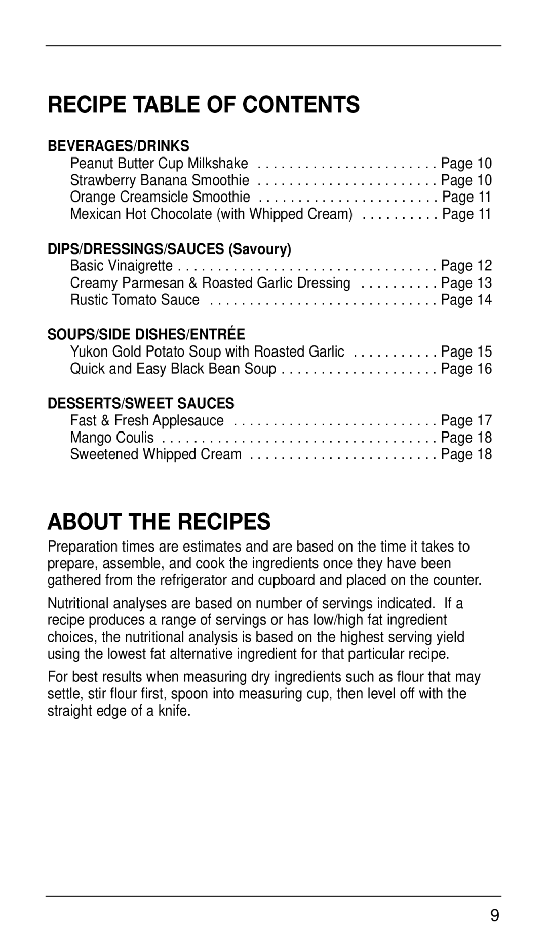 Cuisinart CSB-33 Series manual Recipe Table of Contents, About the Recipes 