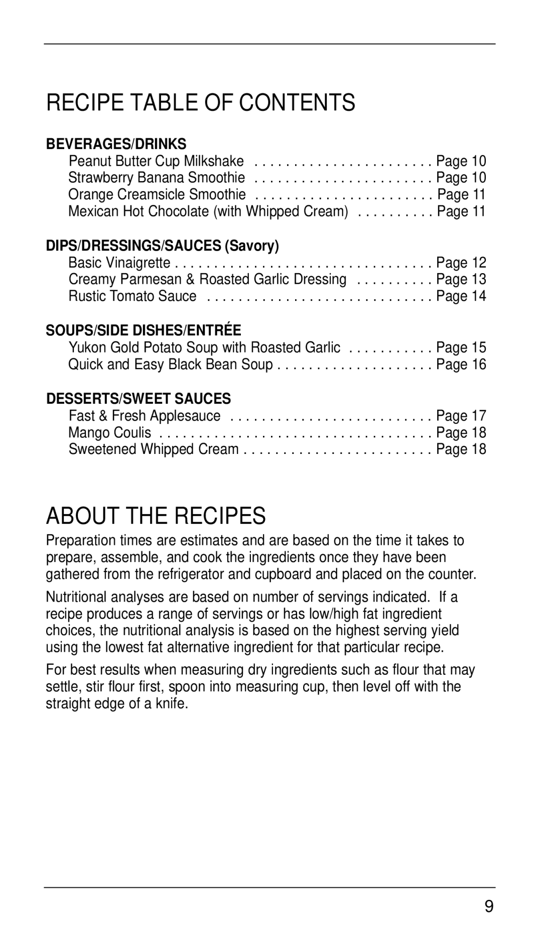 Cuisinart CSB-33 manual Recipe Table of Contents, About the Recipes 